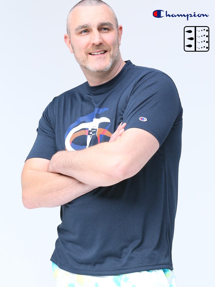 大きいサイズ メンズ Champion (チャンピオン) 速乾 防臭 スリーロゴプリント クルーネック 半袖 Tシャツ