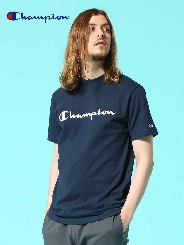 Champion (チャンピオン) 綿100％ ロゴプリント クルーネック 半袖 Tシャツ BASIC LOGO