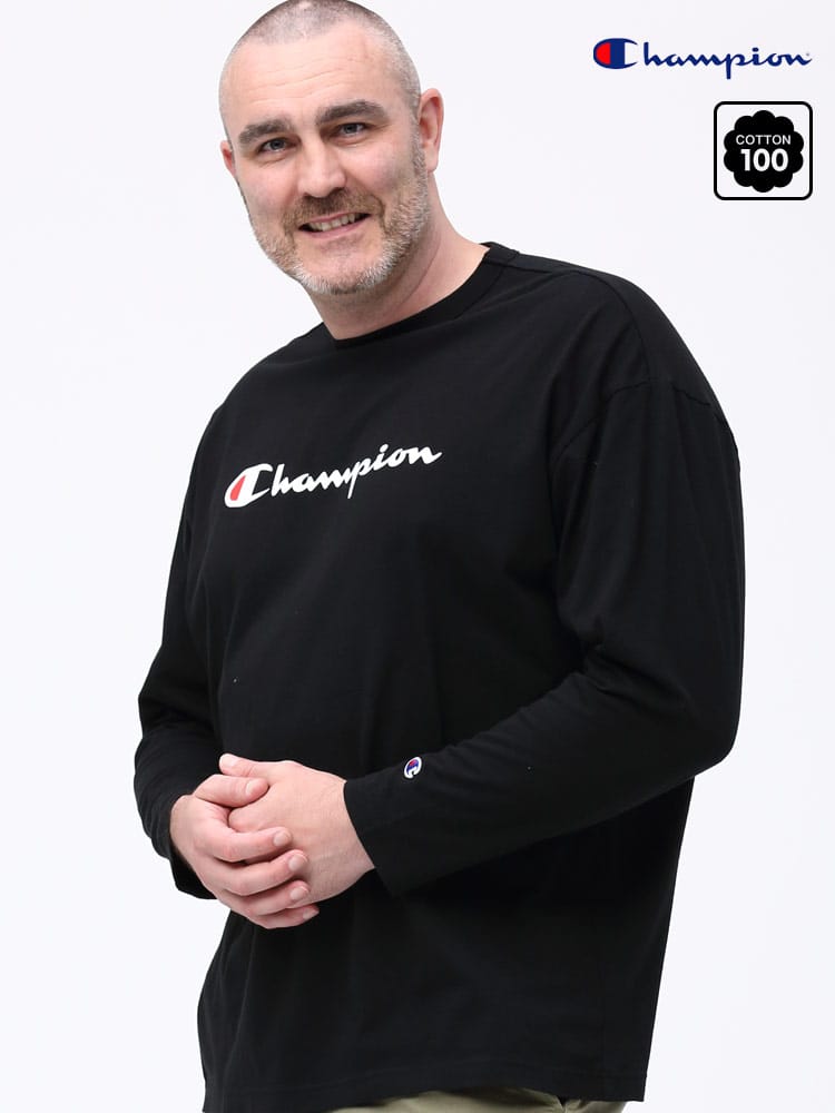 大きいサイズ メンズ Champion (チャンピオン) 綿100％ ロゴプリント クルーネック 長袖 Tシャツ ロンT