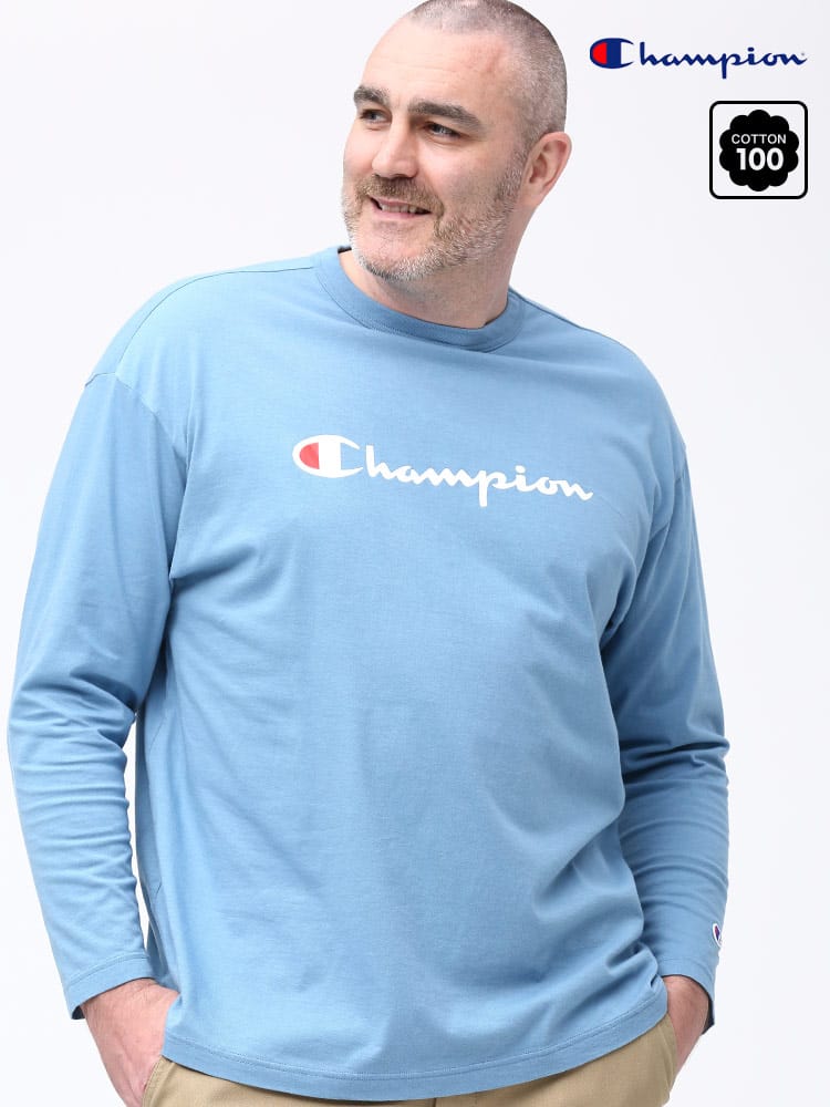 大きいサイズ メンズ Champion (チャンピオン) 綿100％ ロゴプリント クルーネック 長袖 Tシャツ ロンT