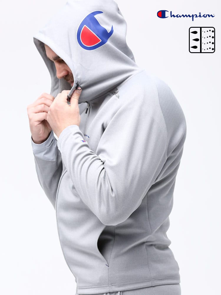 大きいサイズ メンズ Champion (チャンピオン) ストレッチ フードロゴ フルジップ ジャケット