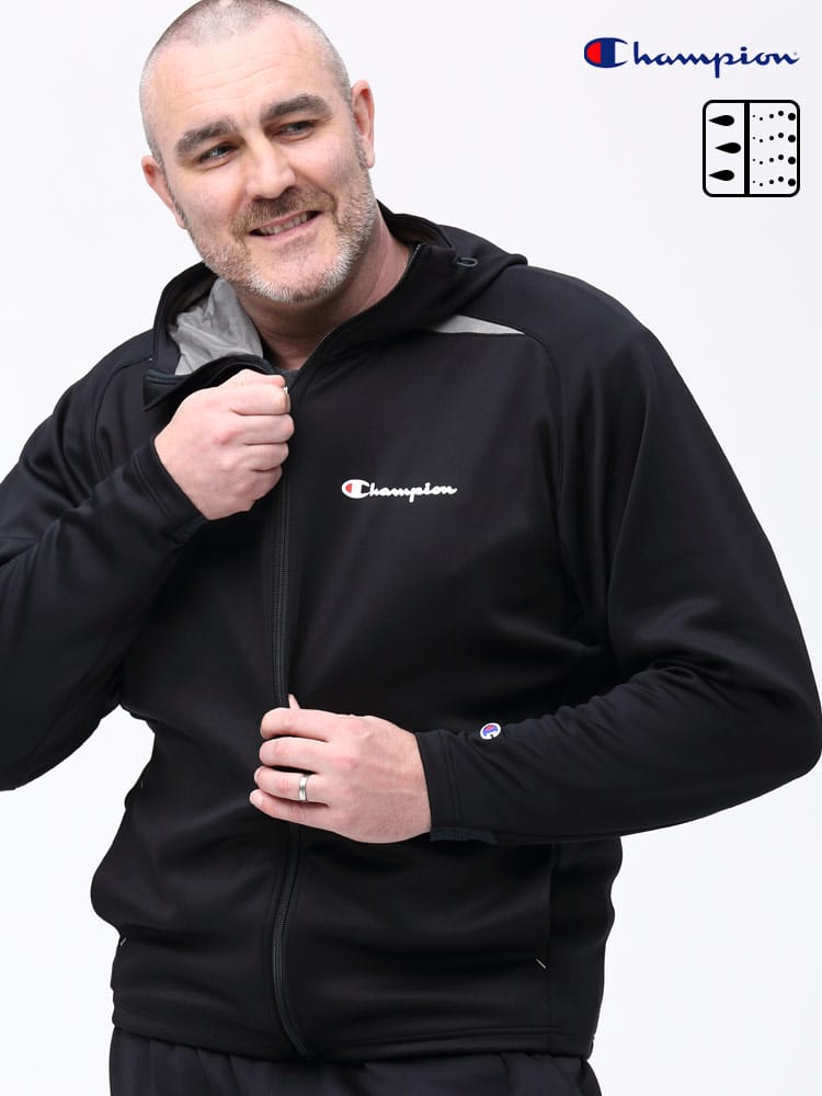 大きいサイズ メンズ Champion (チャンピオン) ストレッチ フードロゴ フルジップ ジャケット