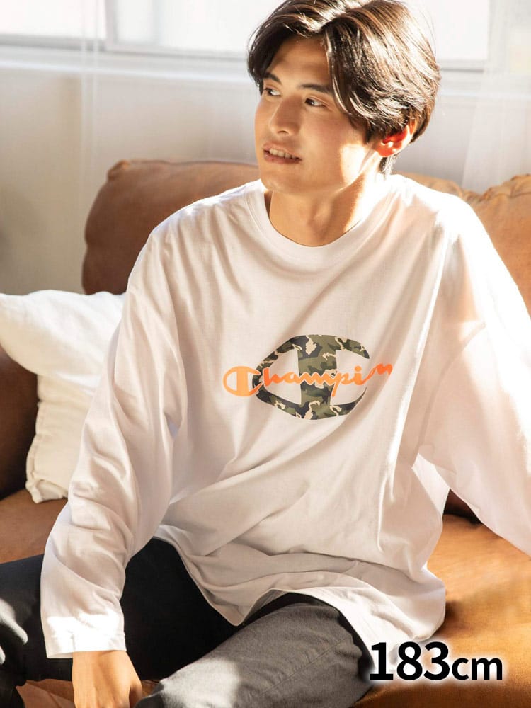 大きいサイズ メンズ Champion (チャンピオン) 吸汗速乾 軽量 ロゴプリント クルーネック 長袖 Tシャツ ロンT