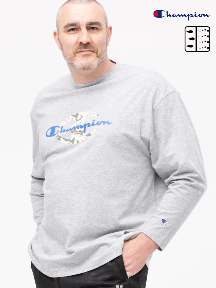 大きいサイズ メンズ Champion (チャンピオン) 吸汗速乾 軽量 ロゴプリント クルーネック 長袖 Tシャツ ロンT