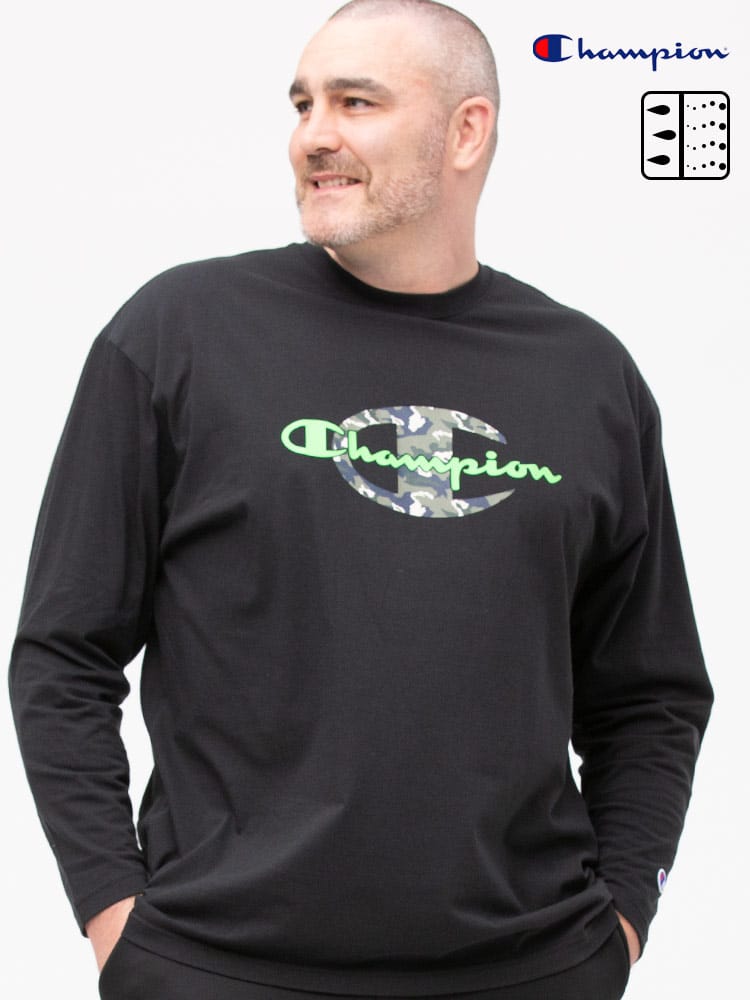 大きいサイズ メンズ Champion (チャンピオン) 吸汗速乾 軽量 ロゴプリント クルーネック 長袖 Tシャツ ロンT