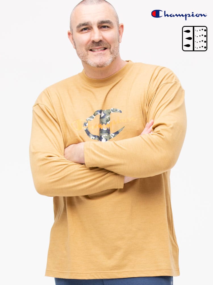 大きいサイズ メンズ Champion (チャンピオン) 吸汗速乾 軽量 ロゴプリント クルーネック 長袖 Tシャツ ロンT