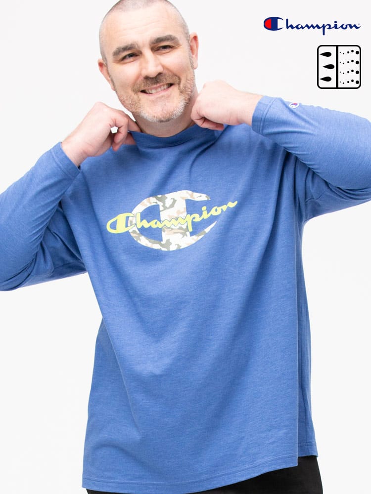 大きいサイズ メンズ Champion (チャンピオン) 吸汗速乾 軽量 ロゴプリント クルーネック 長袖 Tシャツ ロンT