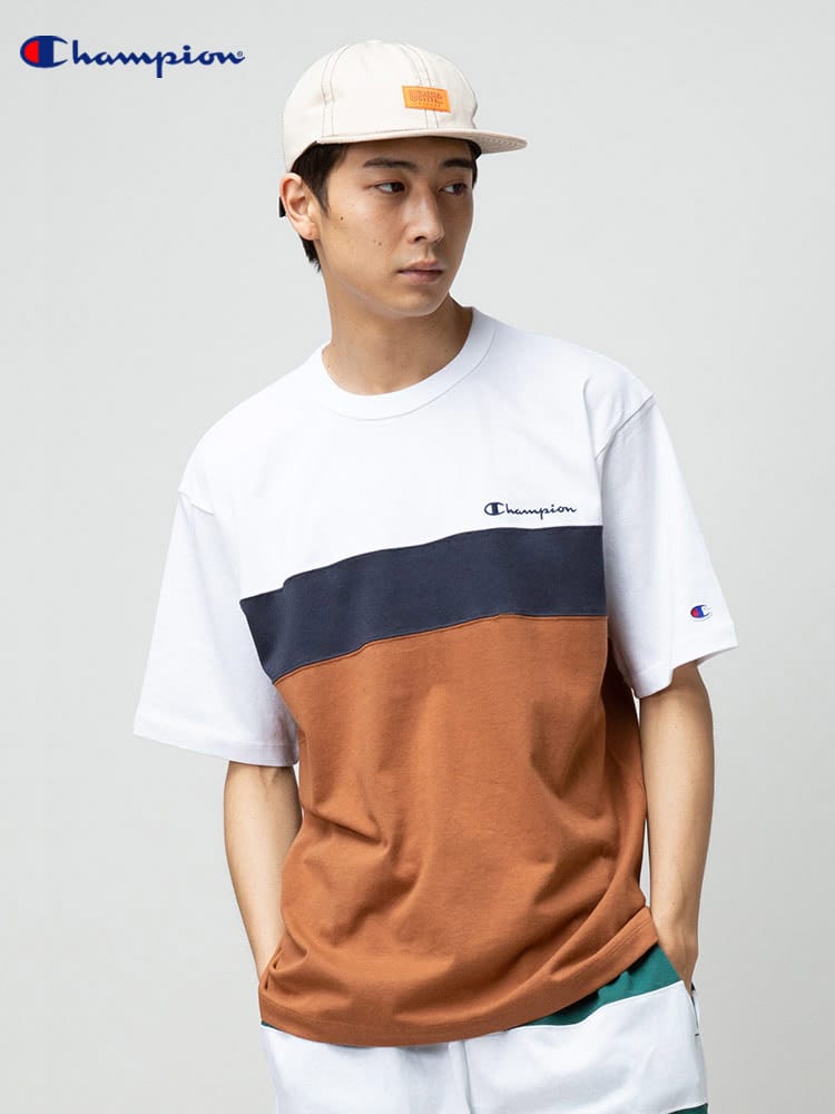 Champion (チャンピオン) 綿100％ パネル切り替え クルーネック 半袖 Tシャツ