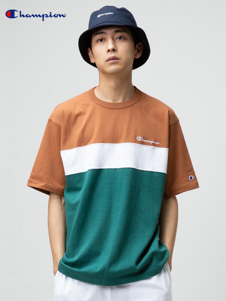Champion (チャンピオン) 綿100％ パネル切り替え クルーネック 半袖 Tシャツ