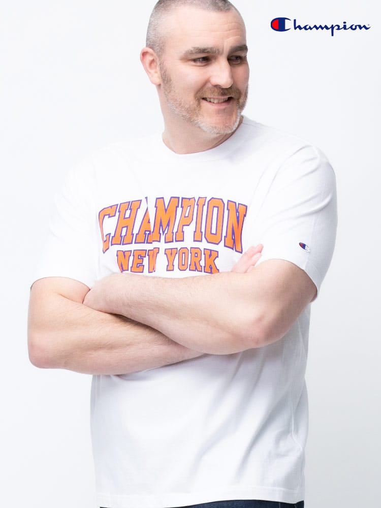 在庫処分 返品交換不可 大きいサイズ メンズ Champion (チャンピオン) 綿100％ アーチロゴ クルーネック 半袖 Tシャツ