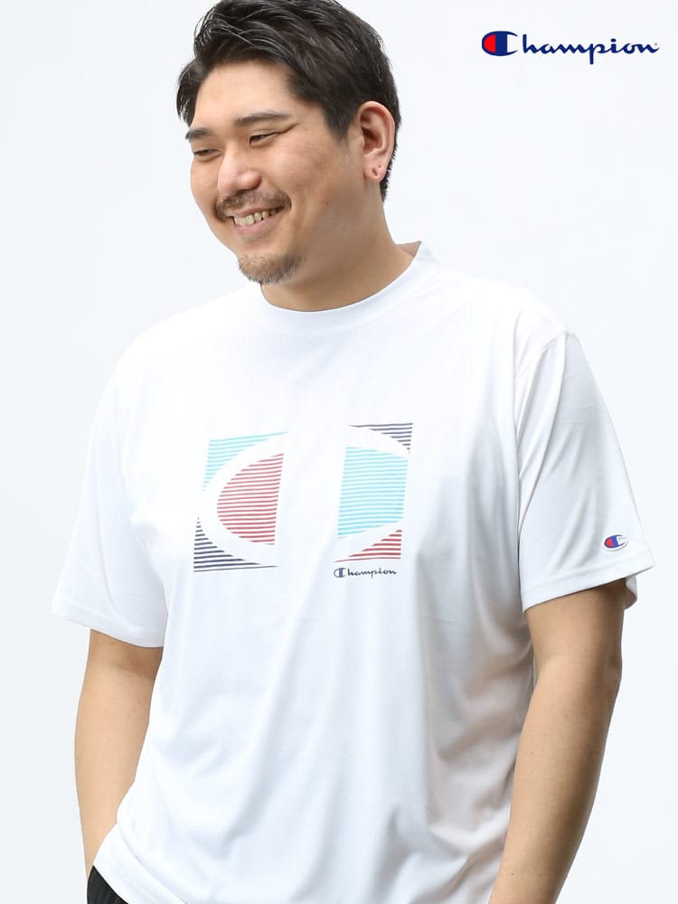 大きいサイズ メンズ Champion (チャンピオン) 速乾 防臭 UVカット フロントプリント クルーネック 半袖 Tシャツ
