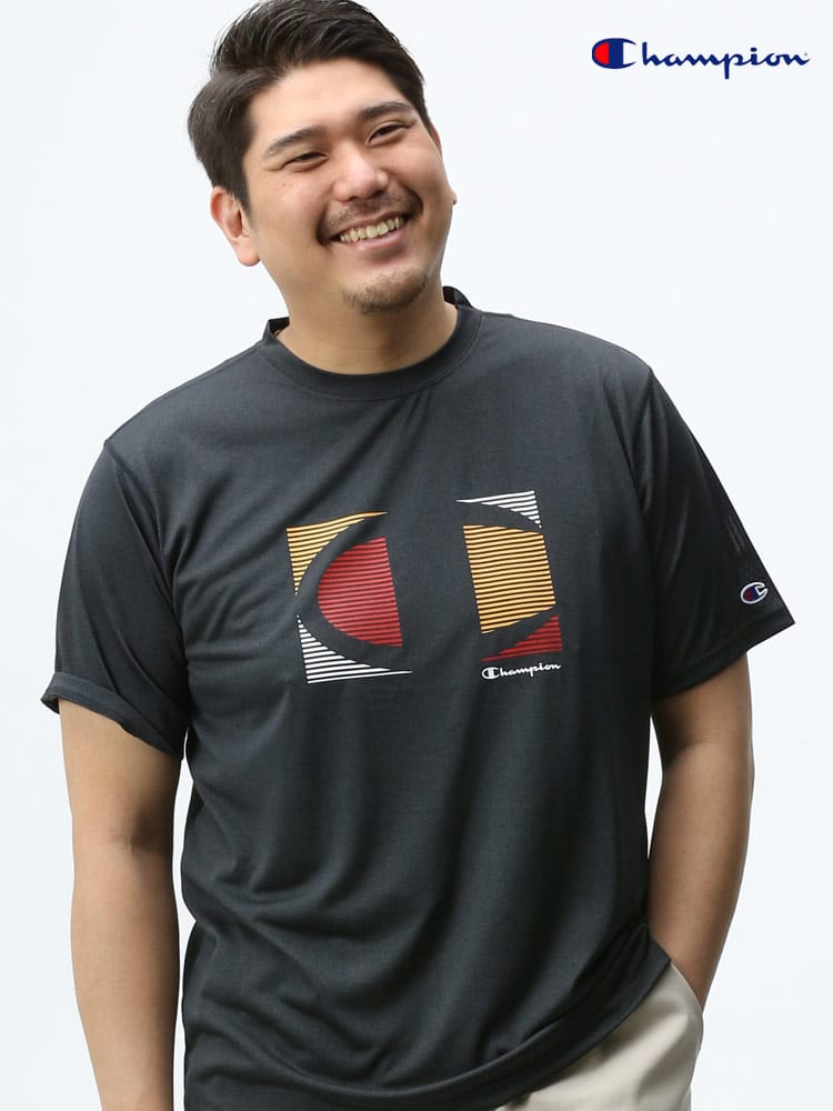 大きいサイズ メンズ Champion (チャンピオン) 速乾 防臭 UVカット フロントプリント クルーネック 半袖 Tシャツ