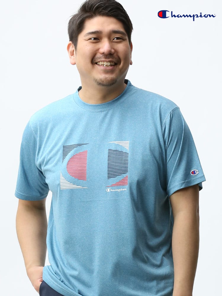 大きいサイズ メンズ Champion (チャンピオン) 速乾 防臭 UVカット フロントプリント クルーネック 半袖 Tシャツ