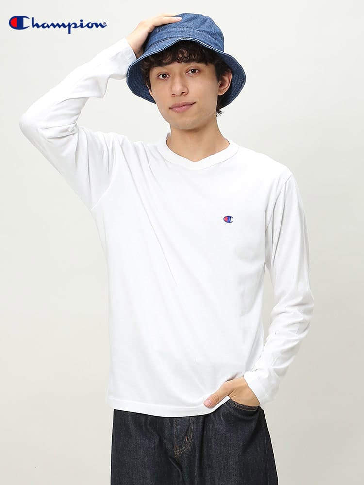 Champion (チャンピオン) 綿100％ ワンポイント クルーネック 長袖 Tシャツ