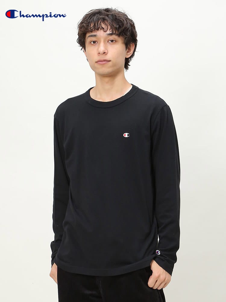 Champion (チャンピオン) 綿100％ ワンポイント クルーネック 長袖 Tシャツ