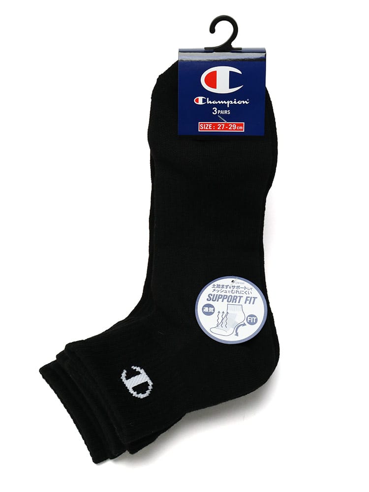 大きいサイズ メンズ Champion (チャンピオン) 通気 ワンポイント クォーターソックス 3足セット SUPPORT FIT