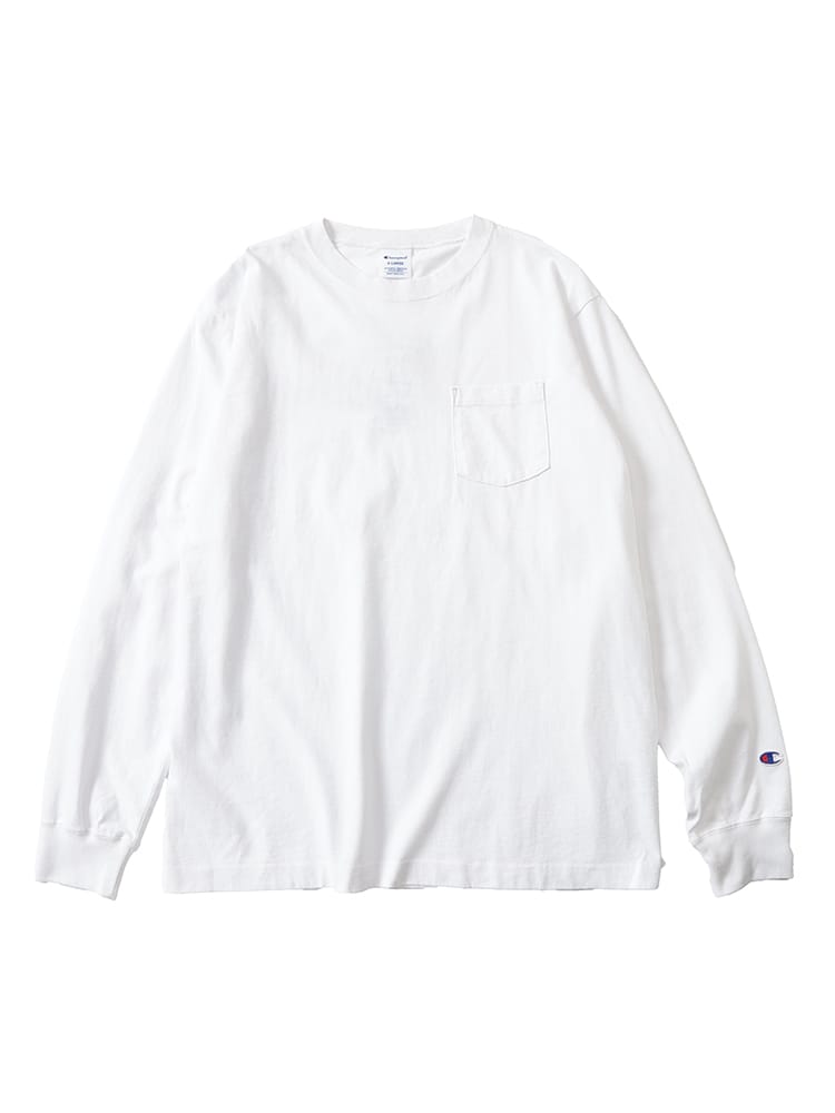Champion (チャンピオン) USAコットン 無地 ポケット付き クルーネック 長袖 Tシャツ