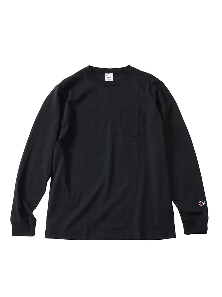 Champion (チャンピオン) USAコットン 無地 ポケット付き クルーネック 長袖 Tシャツ