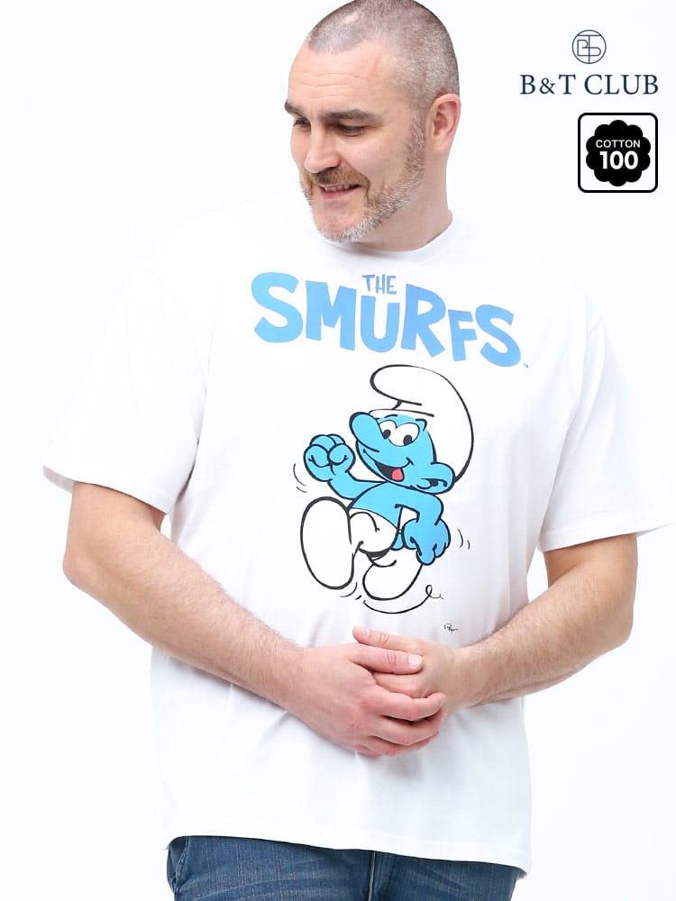 大きいサイズ メンズ B＆T CLUB (ビーアンドティークラブ) THE SMURFS プリント クルーネック 半袖 Tシャツ