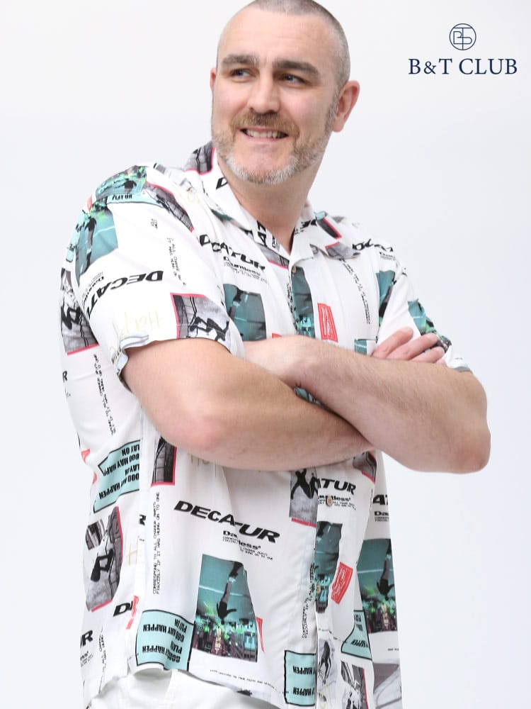 大きいサイズ メンズ B＆T CLUB (ビーアンドティークラブ) レーヨン 総柄 オープンカラー 半袖 アロハシャツ