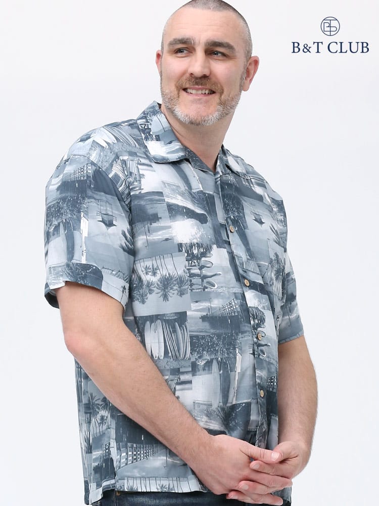 大きいサイズ メンズ B＆T CLUB (ビーアンドティークラブ) レーヨン 総柄 オープンカラー 半袖 アロハシャツ