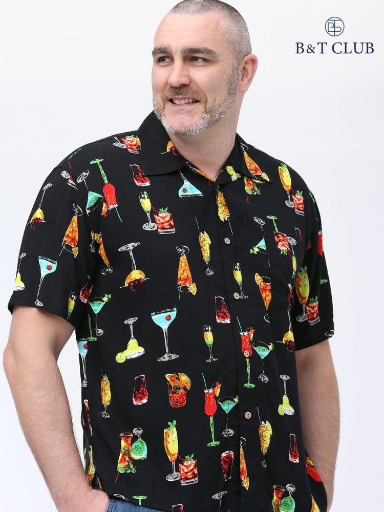 大きいサイズ メンズ B＆T CLUB (ビーアンドティークラブ) レーヨン 総柄 オープンカラー 半袖 アロハシャツ