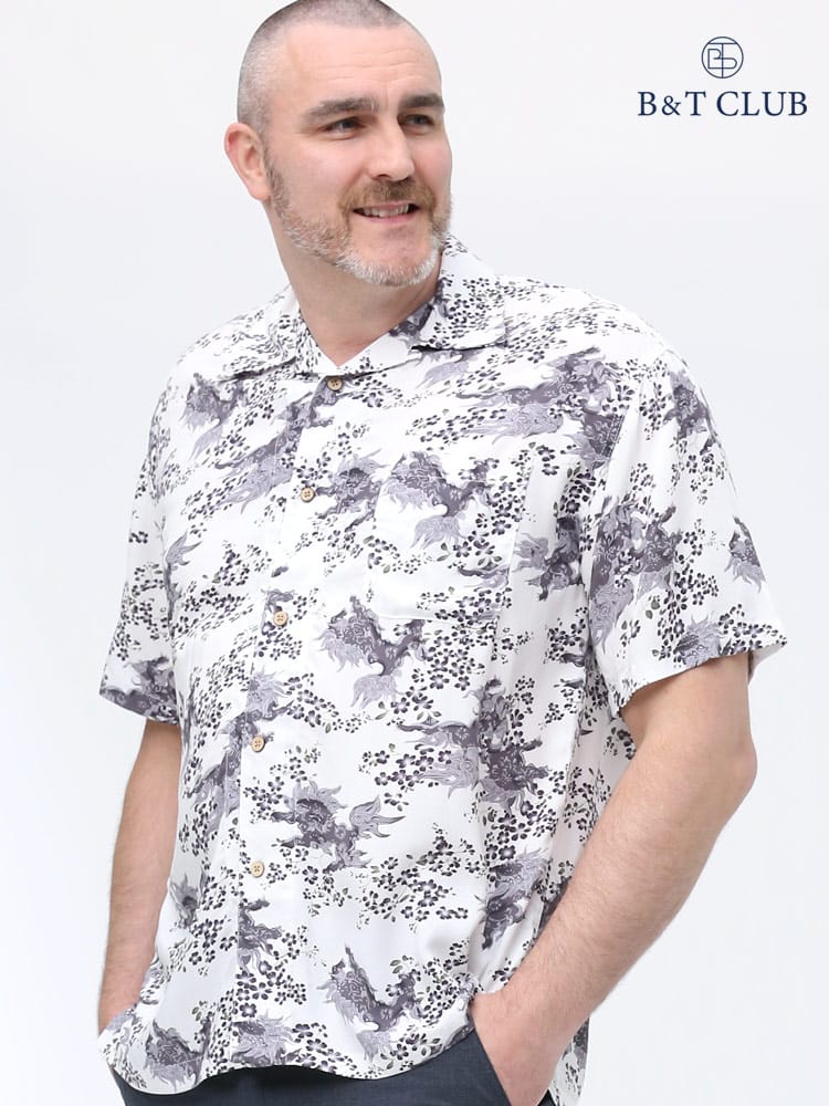 大きいサイズ メンズ B＆T CLUB (ビーアンドティークラブ) レーヨン 総柄 オープンカラー 半袖 アロハシャツ