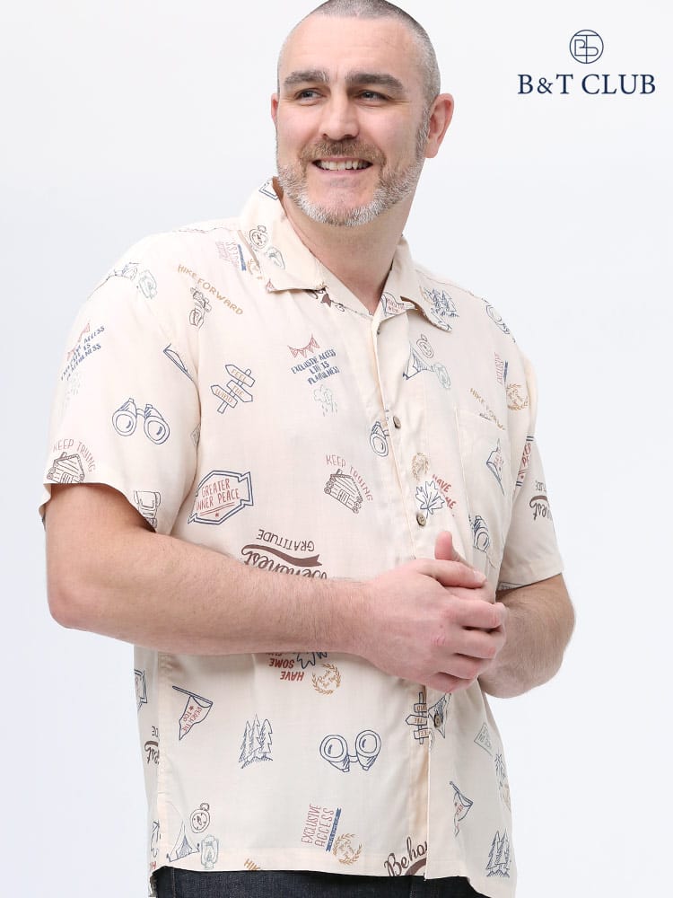 大きいサイズ メンズ B＆T CLUB (ビーアンドティークラブ) レーヨン 総柄 オープンカラー 半袖 アロハシャツ