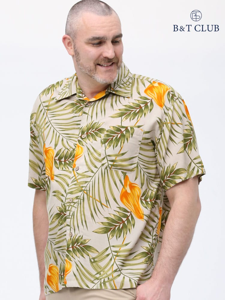 大きいサイズ メンズ B＆T CLUB (ビーアンドティークラブ) レーヨン 総柄 オープンカラー 半袖 アロハシャツ