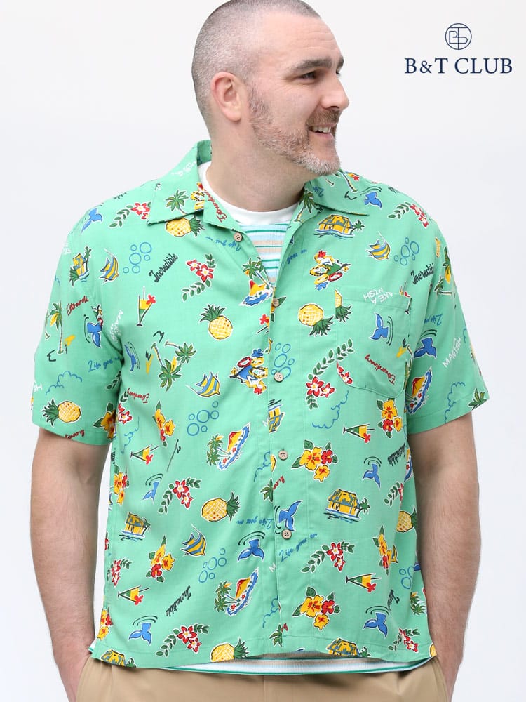 大きいサイズ メンズ B＆T CLUB (ビーアンドティークラブ) レーヨン 総柄 オープンカラー 半袖 アロハシャツ