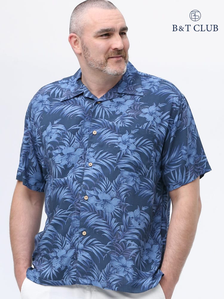 大きいサイズ メンズ B＆T CLUB (ビーアンドティークラブ) レーヨン 総柄 オープンカラー 半袖 アロハシャツ