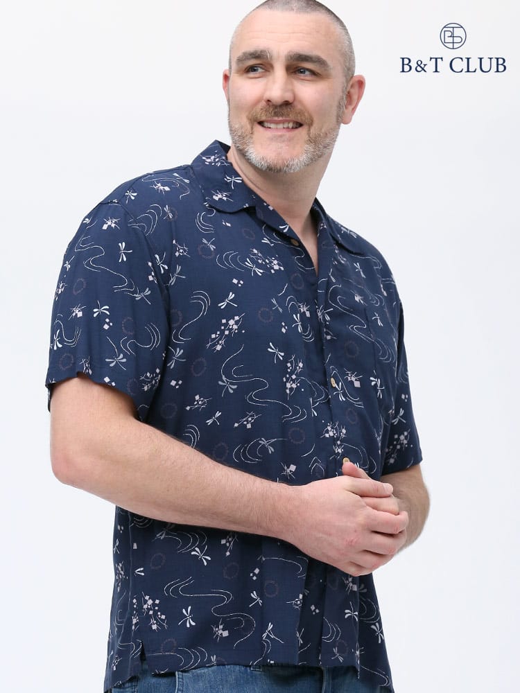 大きいサイズ メンズ B＆T CLUB (ビーアンドティークラブ) レーヨン 総柄 オープンカラー 半袖 アロハシャツ