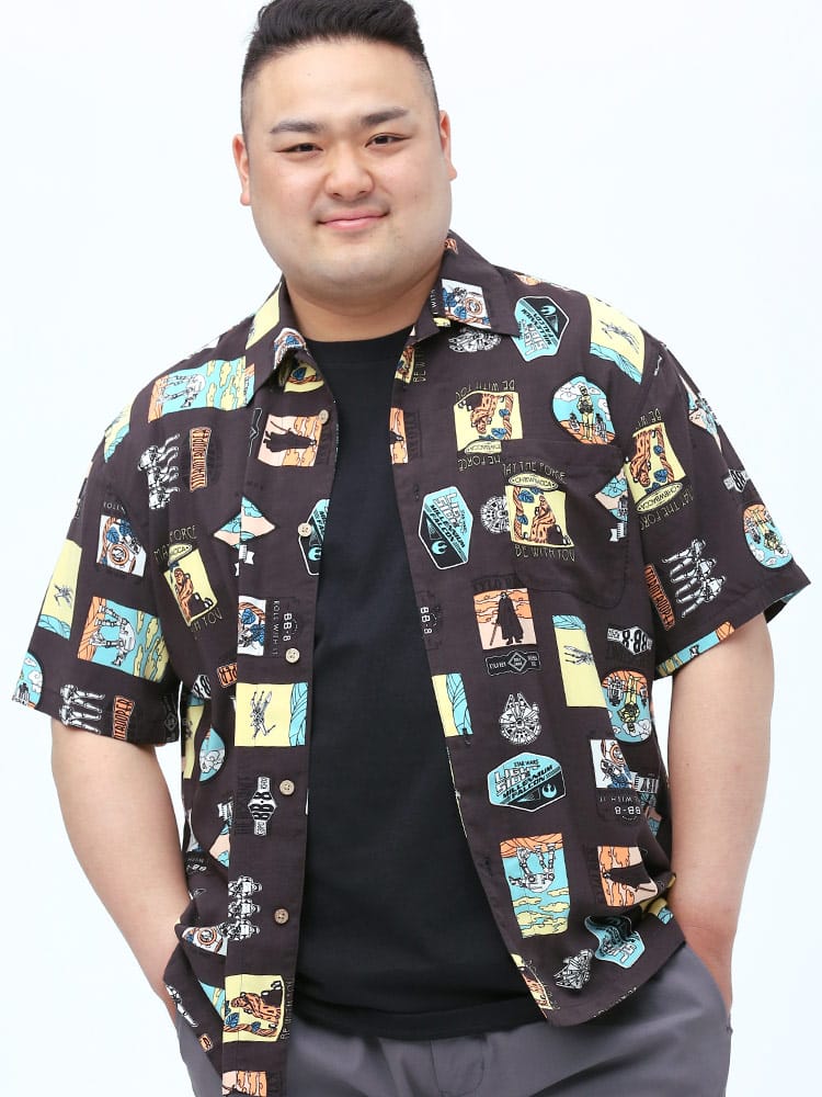 大きいサイズ メンズ DISNEY (ディズニー) スターウォーズ レーヨン 総柄 オープンカラー 半袖 シャツ