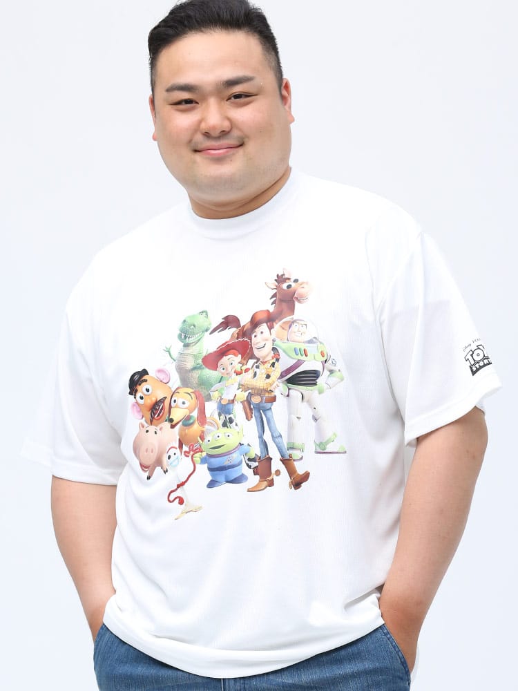 大きいサイズ メンズ DISNEY (ディズニー) TOY STORY トイストーリー ポスター風 プリント メッシュ クルーネック 半袖 Tシャツ