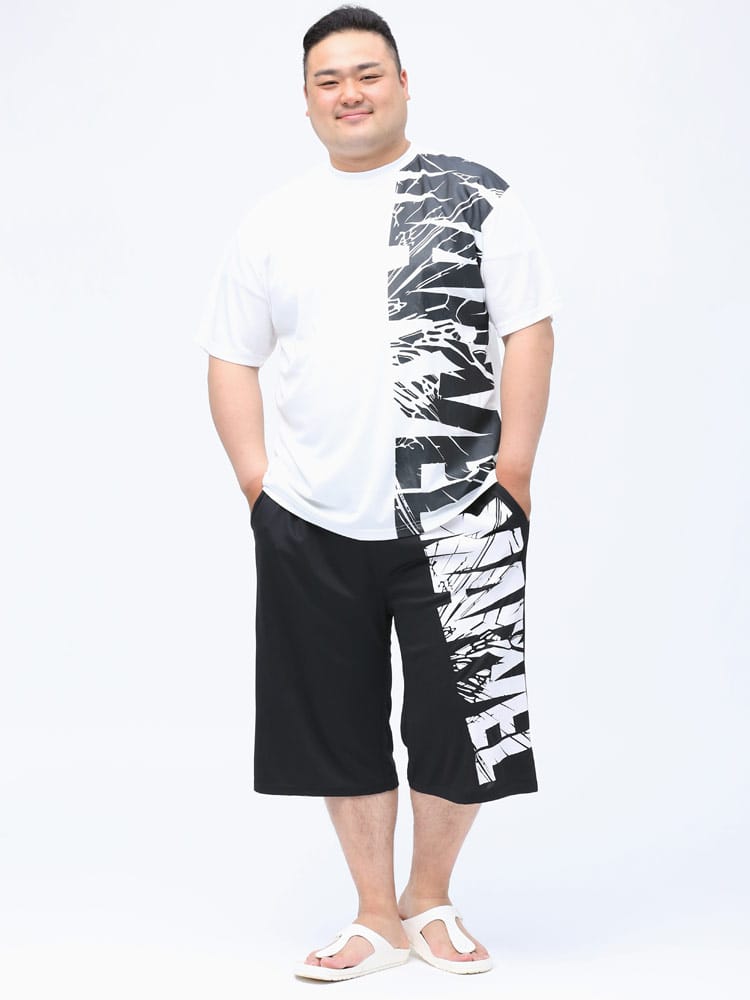 大きいサイズ メンズ MARVEL (マーベル) メッシュ クラックロゴ 半袖 Tシャツ ショートパンツ セットアップ 袋付き パジャマ 部屋着