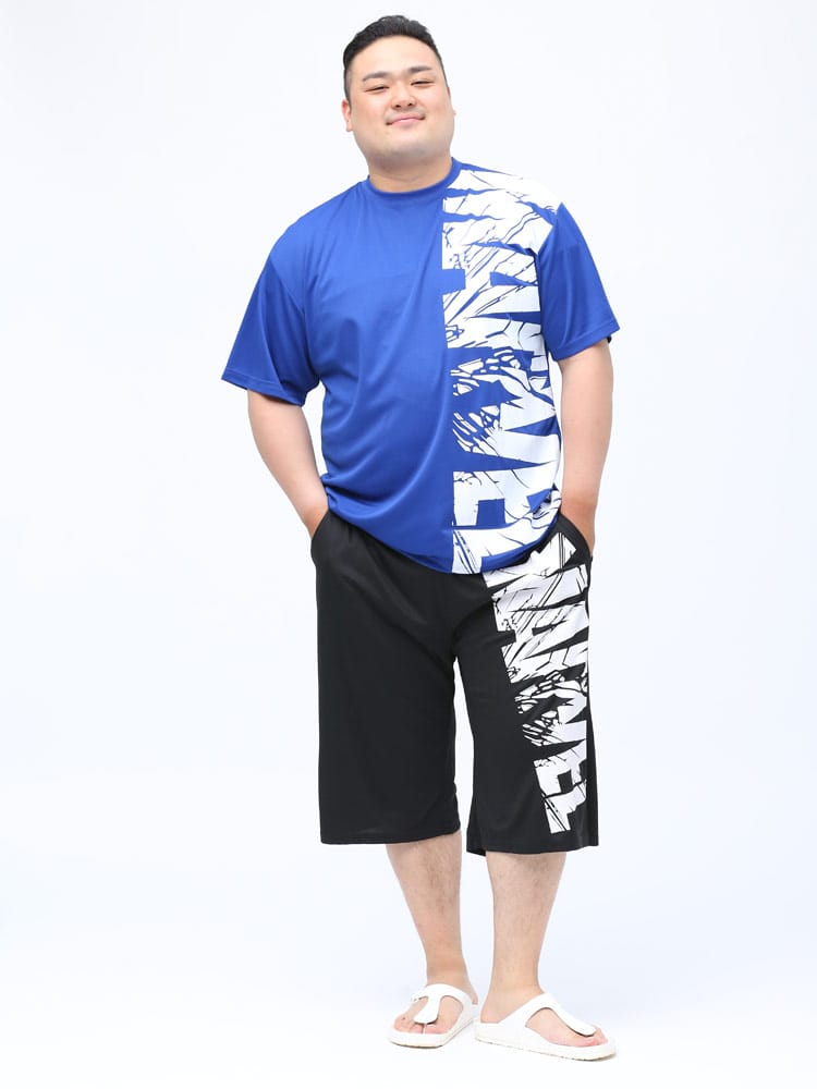 大きいサイズ メンズ MARVEL (マーベル) メッシュ クラックロゴ 半袖 Tシャツ ショートパンツ セットアップ 袋付き パジャマ 部屋着