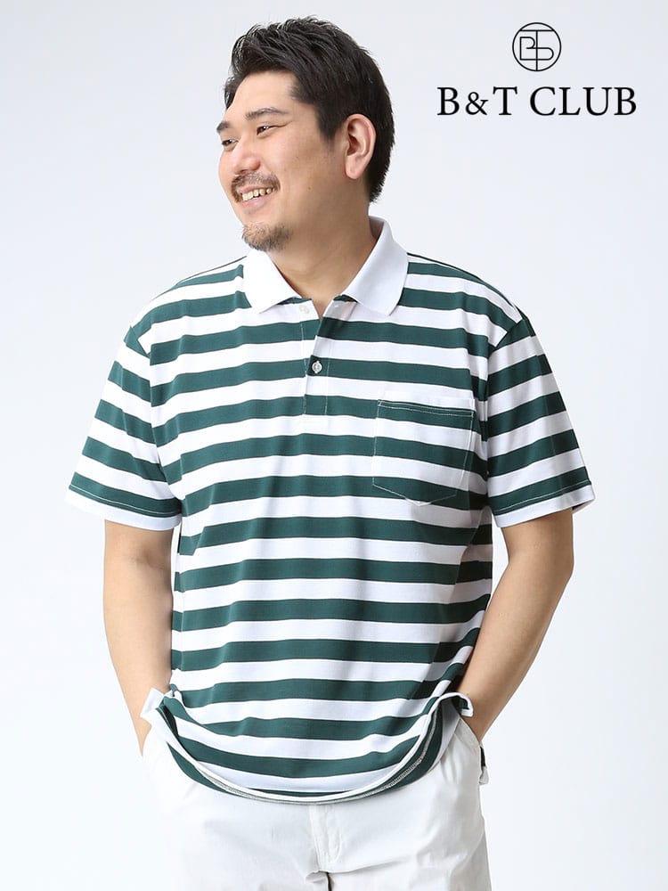大きいサイズ メンズ B＆T CLUB (ビーアンドティークラブ) DRYポロ 鹿の子 ボーダー ポケット 半袖 ポロシャツ