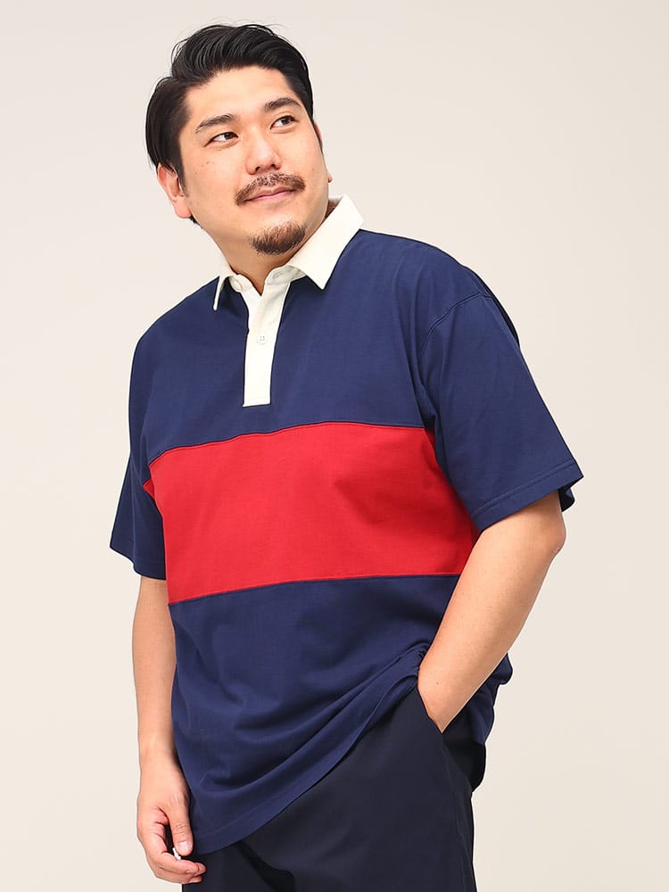 大きいサイズ メンズ B＆T CLUB (ビーアンドティークラブ) パネル切り替え 半袖 ラガーシャツ ポロシャツ デザインポロ