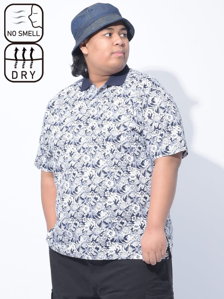 半袖 ポロシャツ DRY 鹿の子 フラワー総柄 トップス 花柄 ポケット 春 夏 大きいサイズ メンズ