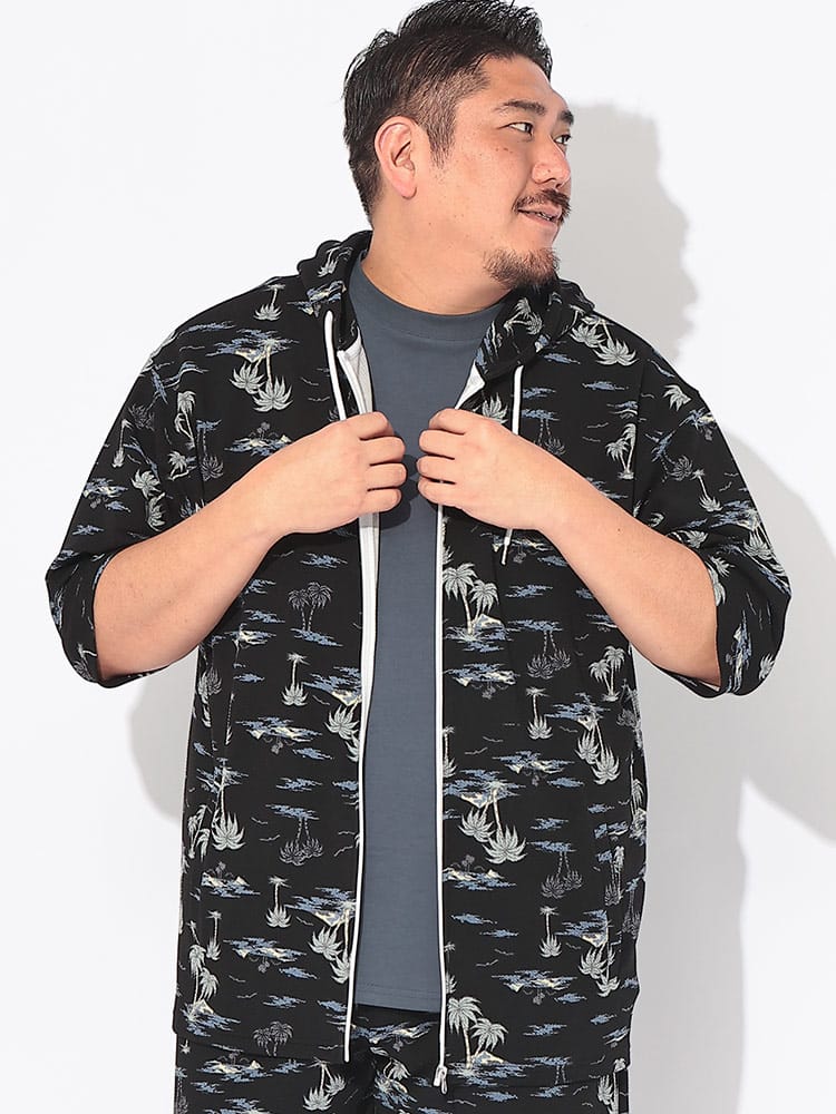 【WEB限定価格】パーカー 半袖 快ラクWEAR メンズ 大きいサイズ ストレッチ ドライワッフル 5分袖 フルジップ トップス 総柄 プリント フード 春 夏