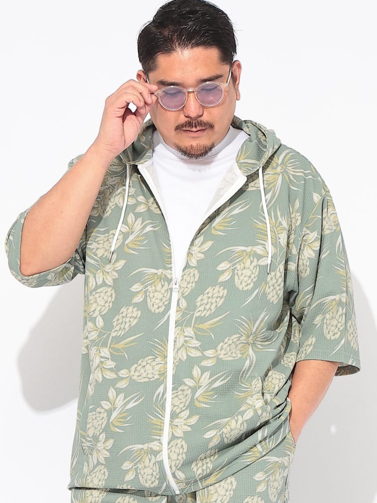 【WEB限定価格】パーカー 半袖 快ラクWEAR メンズ 大きいサイズ ストレッチ ドライワッフル 5分袖 フルジップ トップス 総柄 プリント フード 春 夏