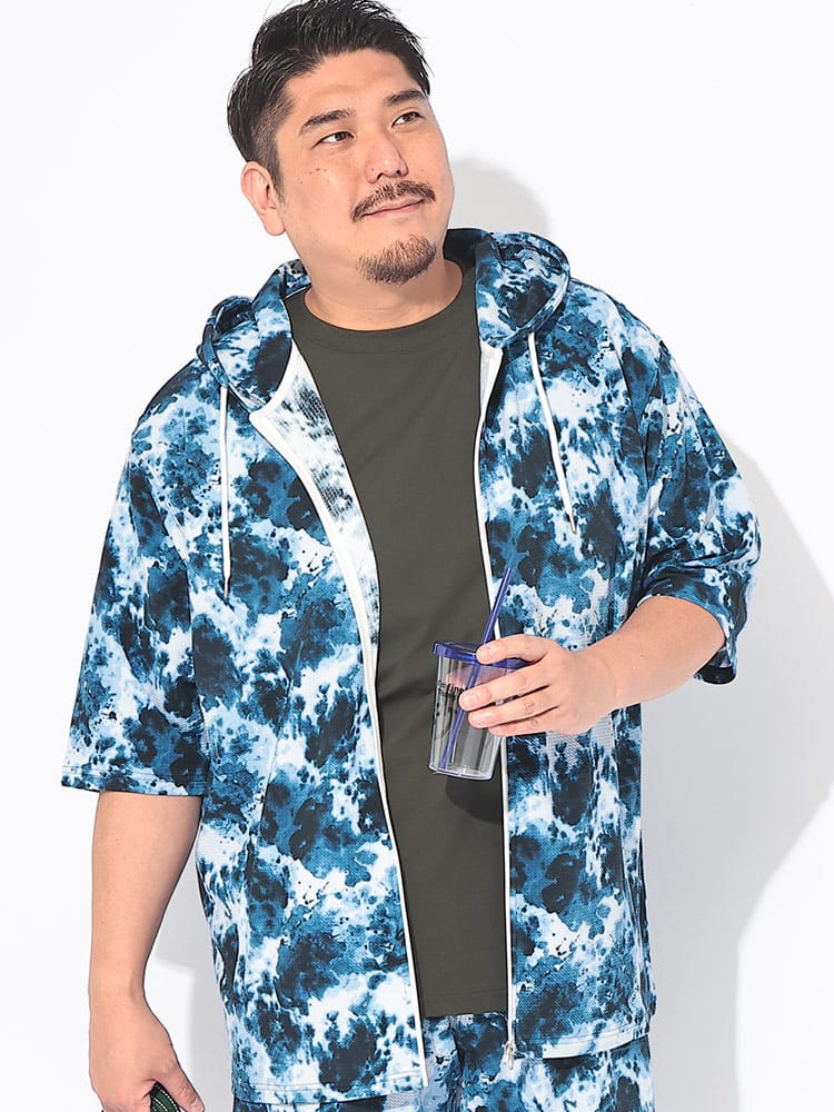 【WEB限定価格】パーカー 半袖 快ラクWEAR メンズ 大きいサイズ ストレッチ ドライワッフル 5分袖 フルジップ トップス 総柄 プリント フード 春 夏
