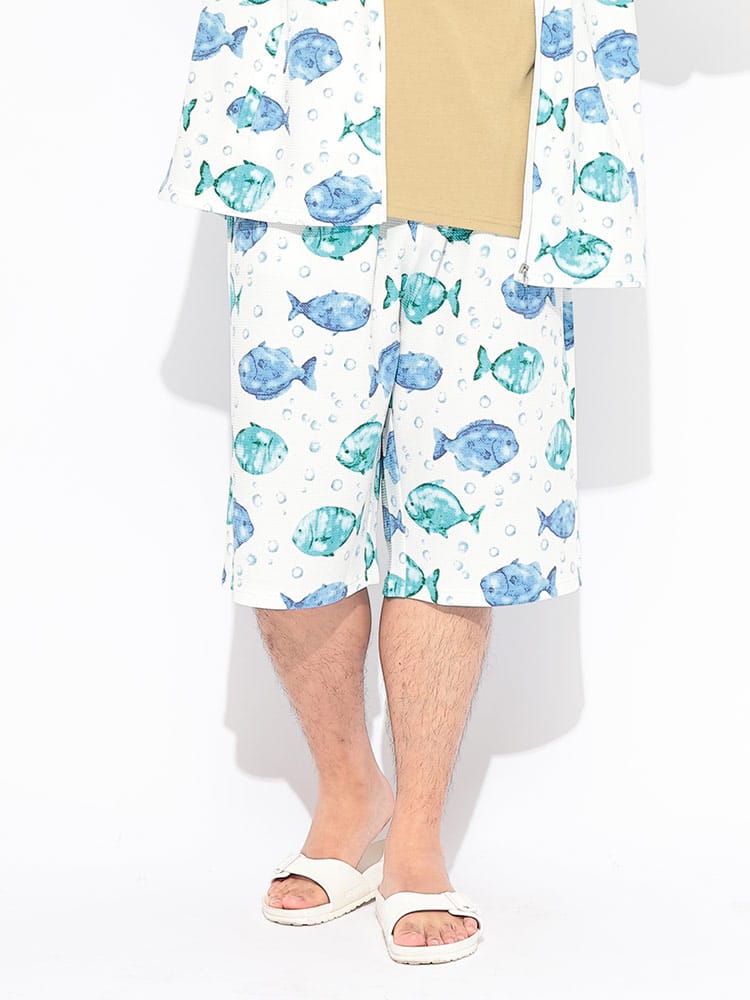 【WEB限定価格】ショートパンツ 快ラクWEAR メンズ 大きいサイズ ストレッチ ドライワッフル ショーツ ボトムス パンツ 総柄 プリント 春 夏
