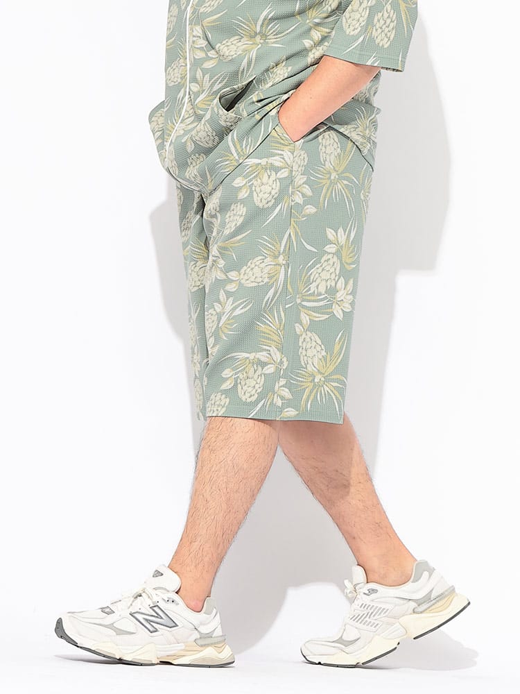 【WEB限定価格】ショートパンツ 快ラクWEAR メンズ 大きいサイズ ストレッチ ドライワッフル ショーツ ボトムス パンツ 総柄 プリント 春 夏