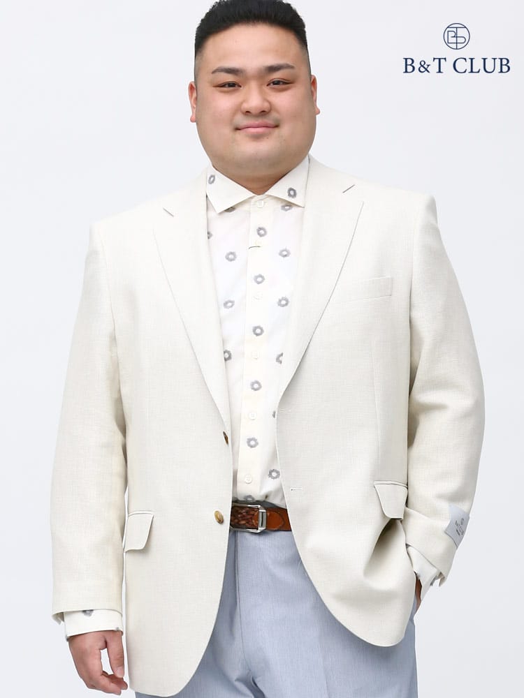 大きいサイズ メンズ B＆T CLUB (ビーアンドティークラブ) 春夏対応 JAPANFABRIC シルク 麻 シングル 2ツ釦 ジャケット WHITE