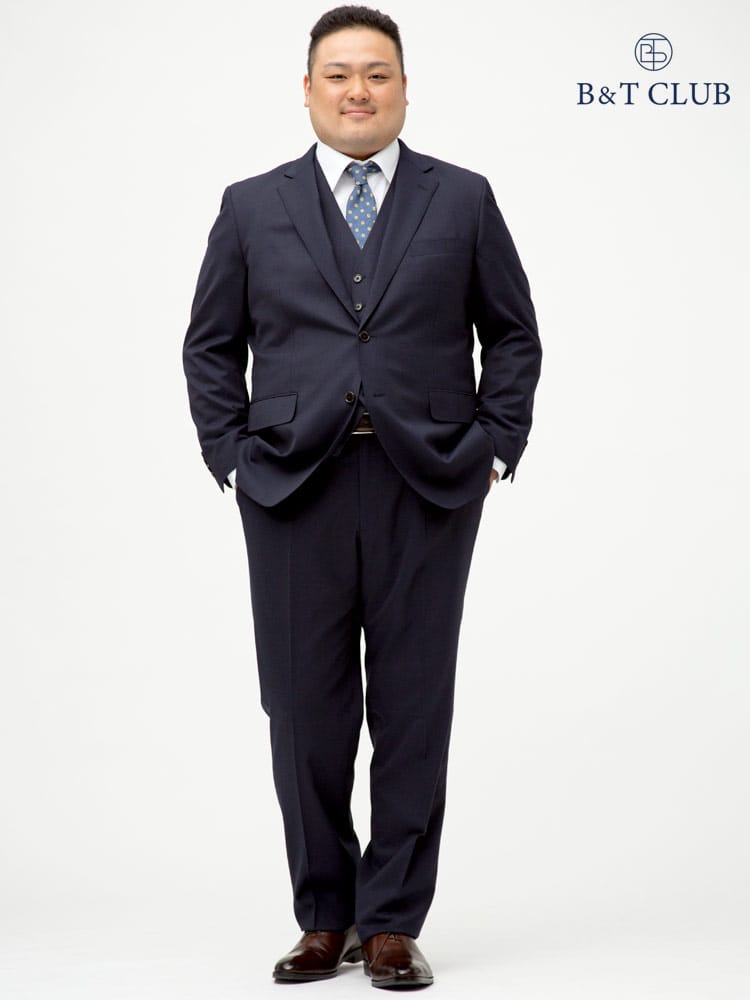 大きいサイズ メンズ B＆T CLUB (ビーアンドティークラブ) 組み合わせ×スーツ ベスト付き シングル ツーパンツ スーツ NAVY GRAY【KB体 KBE体 2KE体 3L 4L 5L 6L 7L 8L】