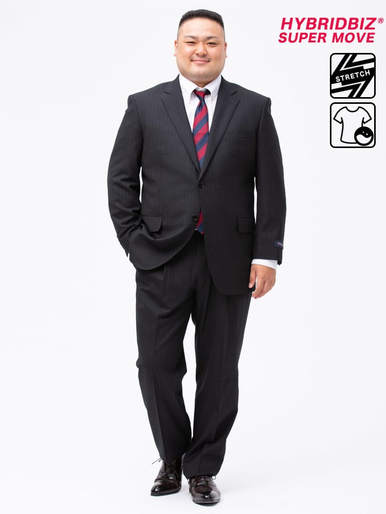 大きいサイズ メンズ HYBRIDBIZ (ハイブリッドビズ) 2WAYストレッチ ウォッシャブル ストライプ シングル 2パンツ スーツ 【KB体 KBE体 KE体 3L 4L 5L 7L 8L】