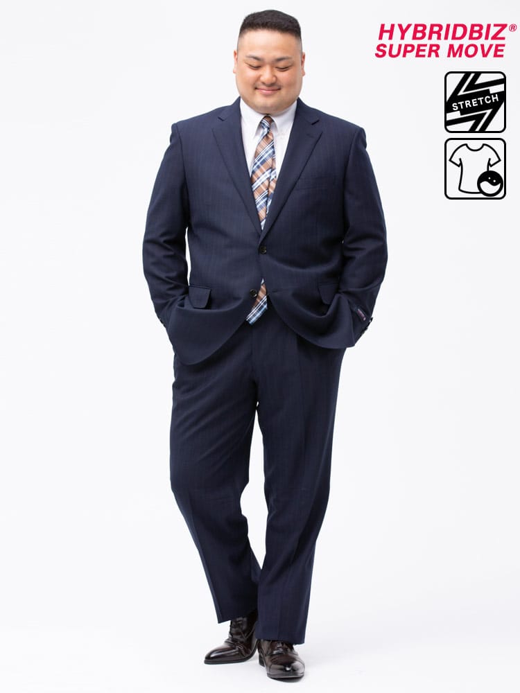 大きいサイズ メンズ HYBRIDBIZ (ハイブリッドビズ) 2WAYストレッチ ウォッシャブル ストライプ シングル 2パンツ スーツ NAVY 【KB体 KBE体 2KE体 3L 4L 5L 6L 7L 8L】