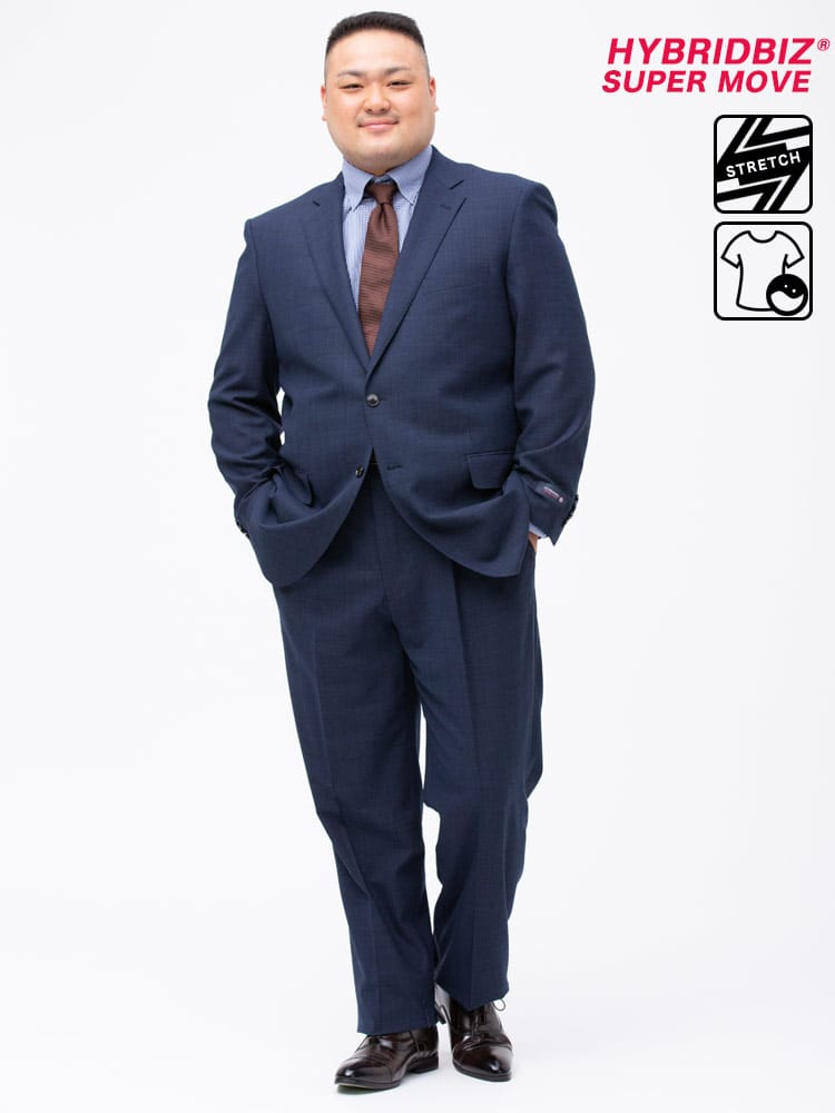 大きいサイズ メンズ HYBRIDBIZ (ハイブリッドビズ) 2WAYストレッチ ウォッシャブル チェック シングル 2パンツ スーツ NAVY 【KB体 KBE体 2KE体 3L 4L 5L 6L 7L 8L】