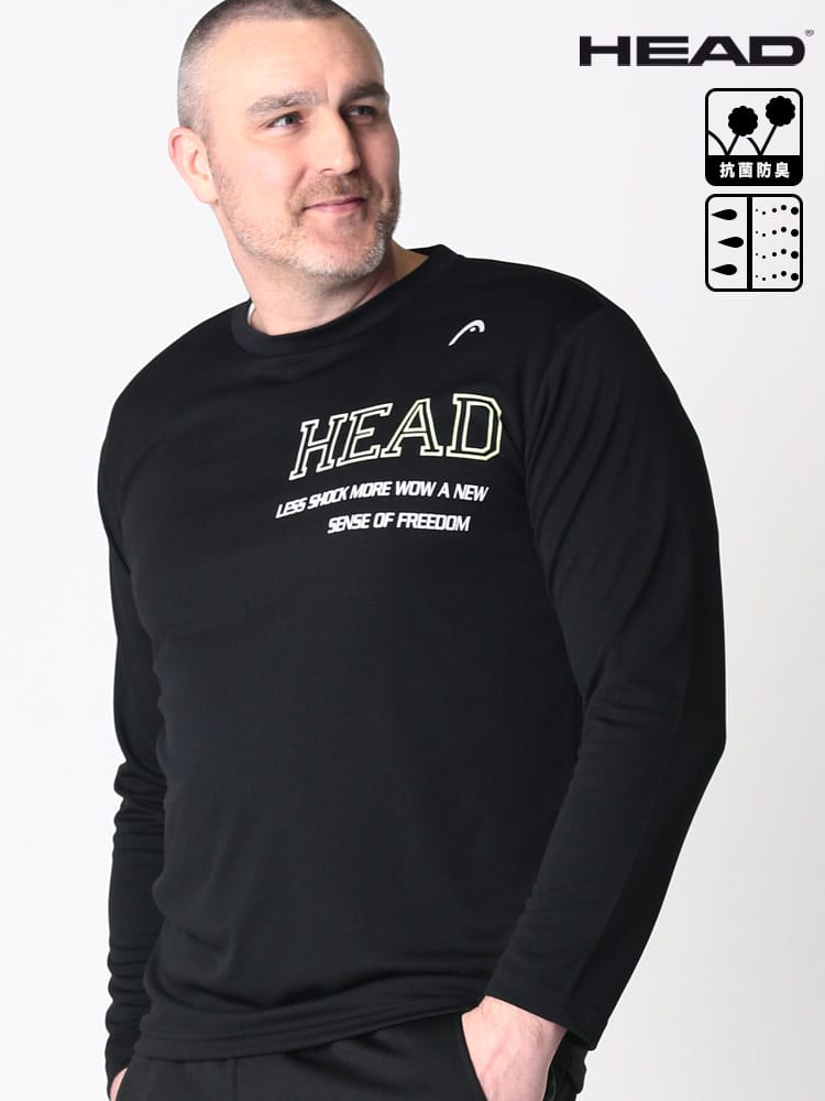 大きいサイズ メンズ HEAD (ヘッド) 抗菌防臭 吸水速乾 メッシュ プリント クルーネック 長袖 Tシャツ ロンT
